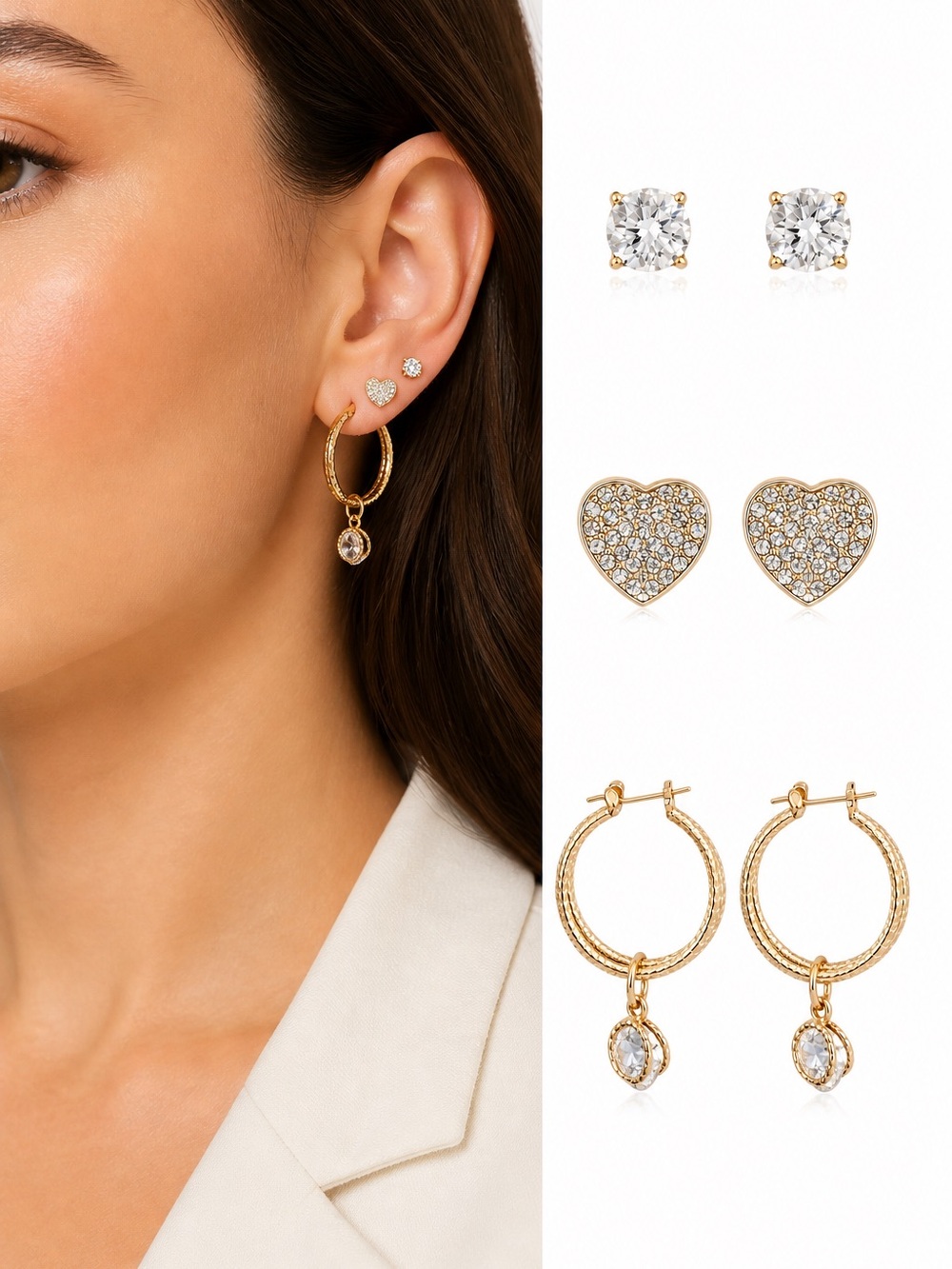 Mango Gold Crystal Heart, Hoop and Stud Earring Set